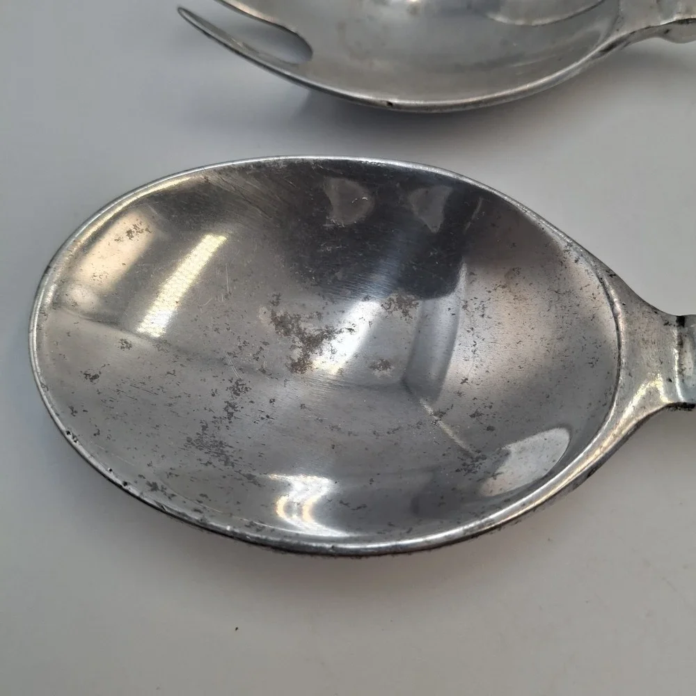 Vintage Mexican Pewter Salad Servers Set Daisy Floral Cast Aluminum Hecho Mexico